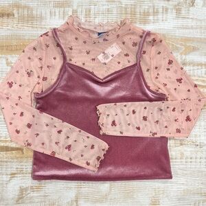2-in-1 Pink Velvet Cami & Printed Sheer Top for Girls in Size L
